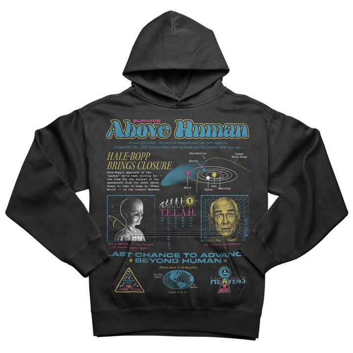Black hooded sweatshirt with colorful, retro-futuristic graphics.
