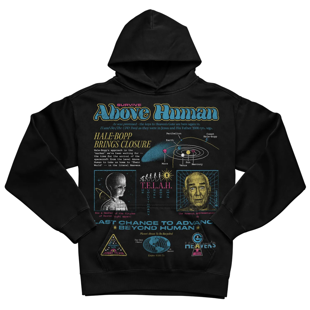 Black hoodie with graphic design featuring ufos and alien imagery.