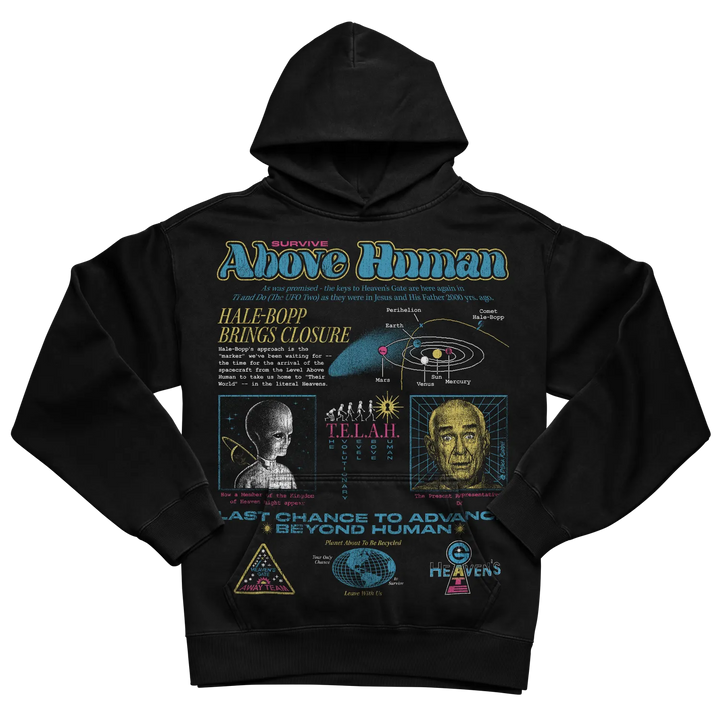 Black hoodie with graphic design featuring ufos and alien imagery.