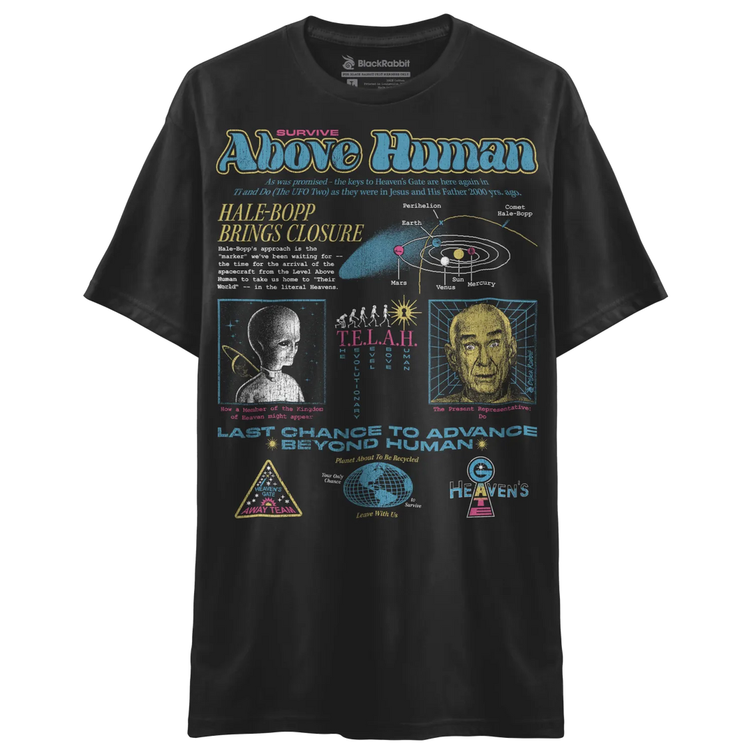Black t-shirt with a colorful graphic print.