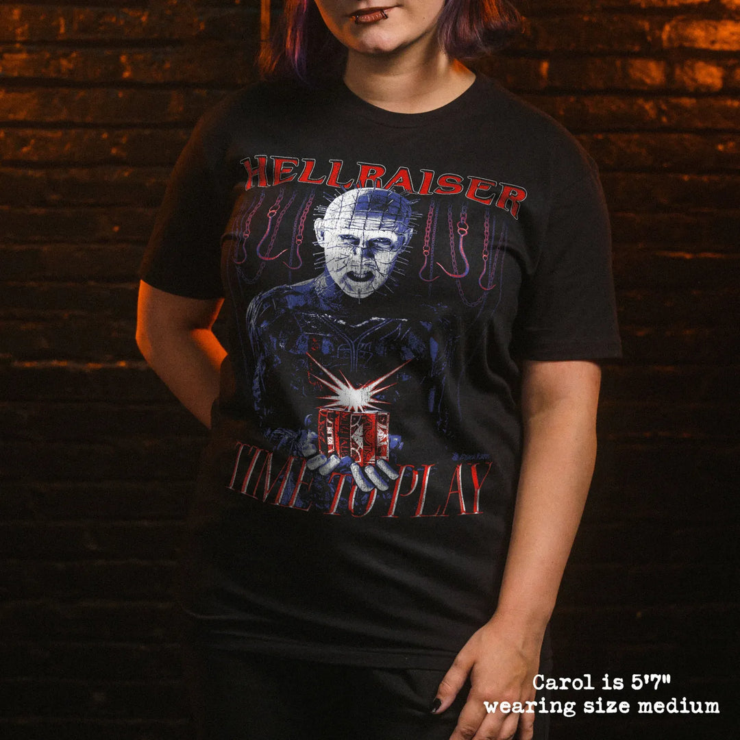 model wear soft premium tee with hellraiser graphic
