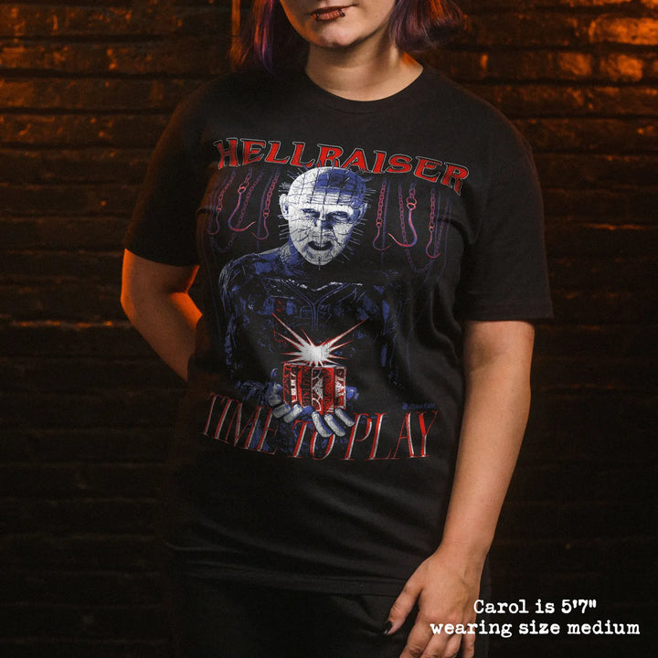 model wear soft premium tee with hellraiser graphic
