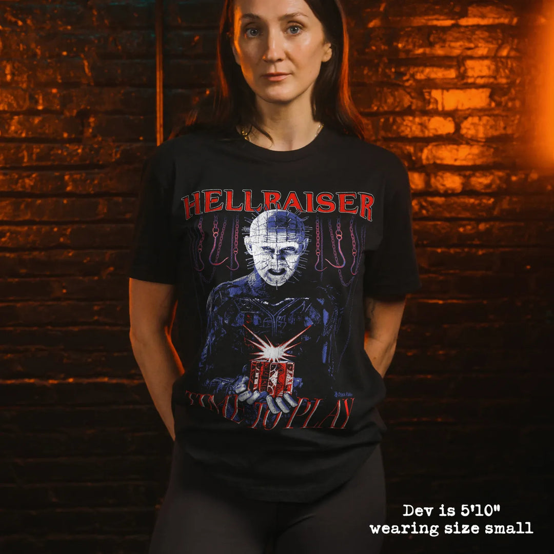 model wear soft premium tee with hellraiser graphic
