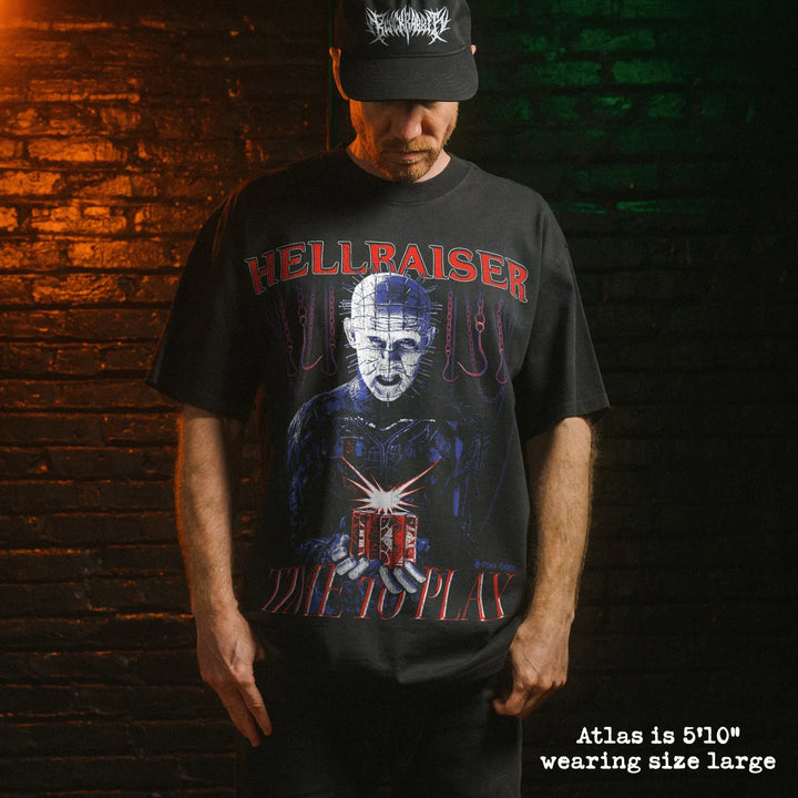 Model wearing heavy tee with hellraiser graphic 