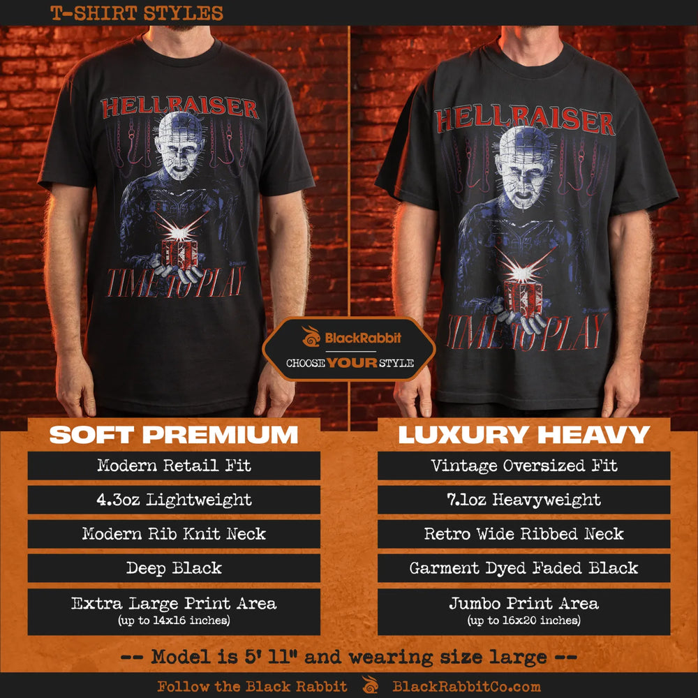 Two black ’Hellraiser’ t-shirts with different fits and fabric weights.