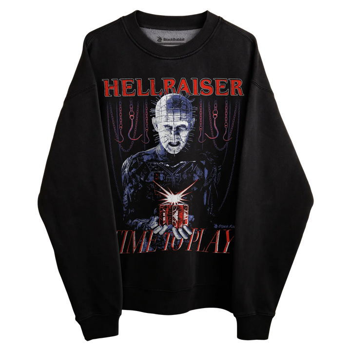 Black long-sleeved sweatshirt with hellraiser design featuring a pinhead character and text.