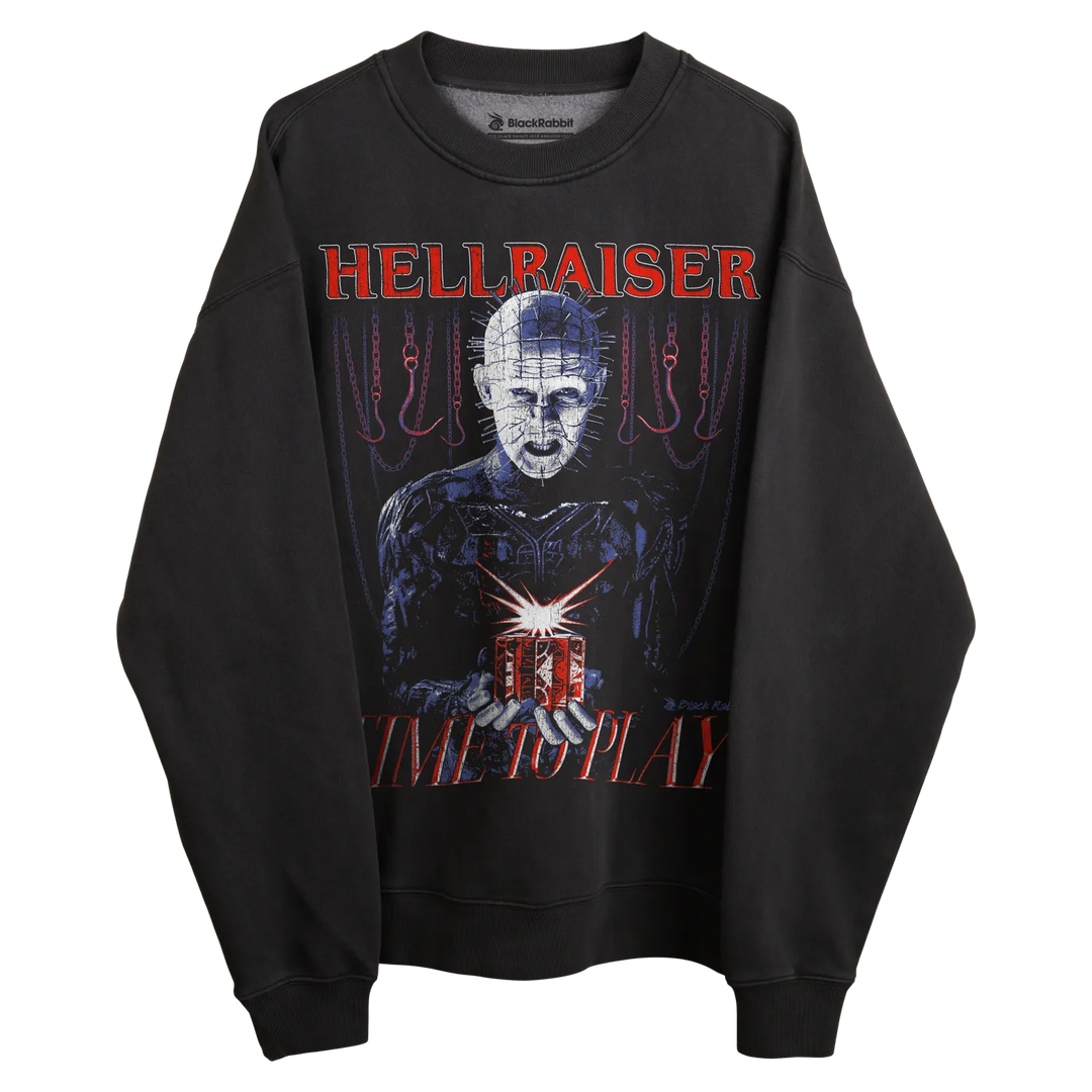Black long-sleeved sweatshirt with hellraiser design featuring pinhead and the phrase ’in my play’ in red.