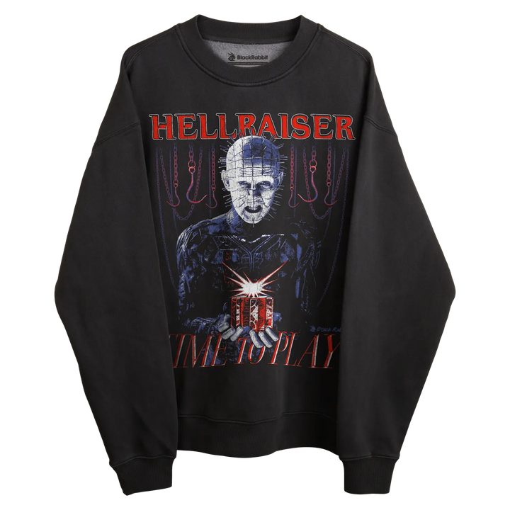 Black long-sleeved sweatshirt with hellraiser design featuring pinhead and the phrase ’in my play’ in red.
