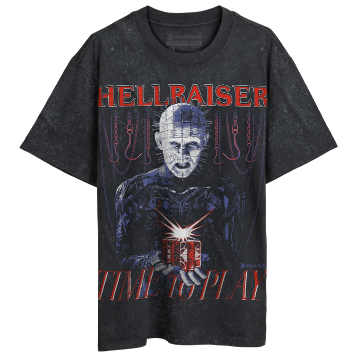 Black t-shirt with a ’Hellraiser’ design featuring Pinhead holding a puzzle box.