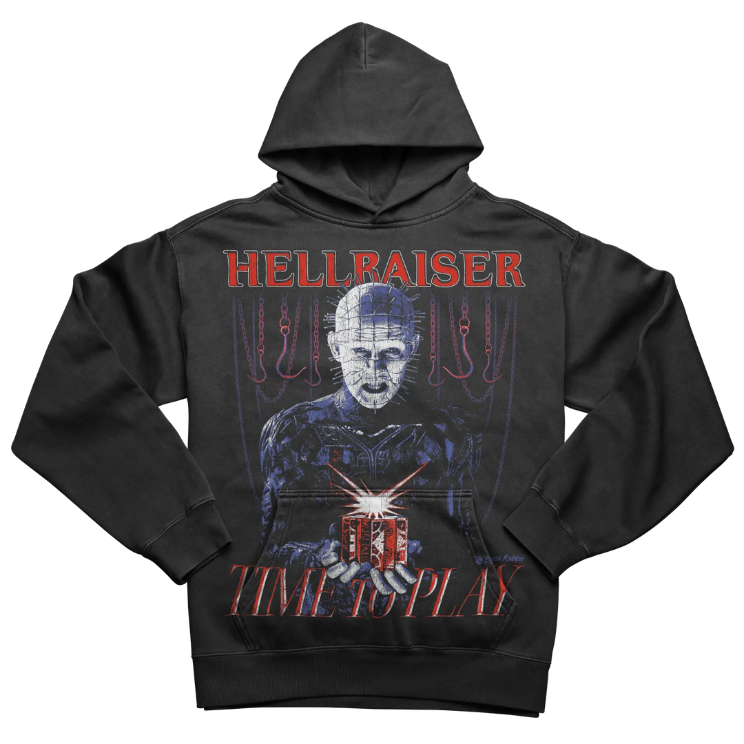 Black ’Hellraiser’ hoodie featuring Pinhead and the Lament Configuration puzzle box.
