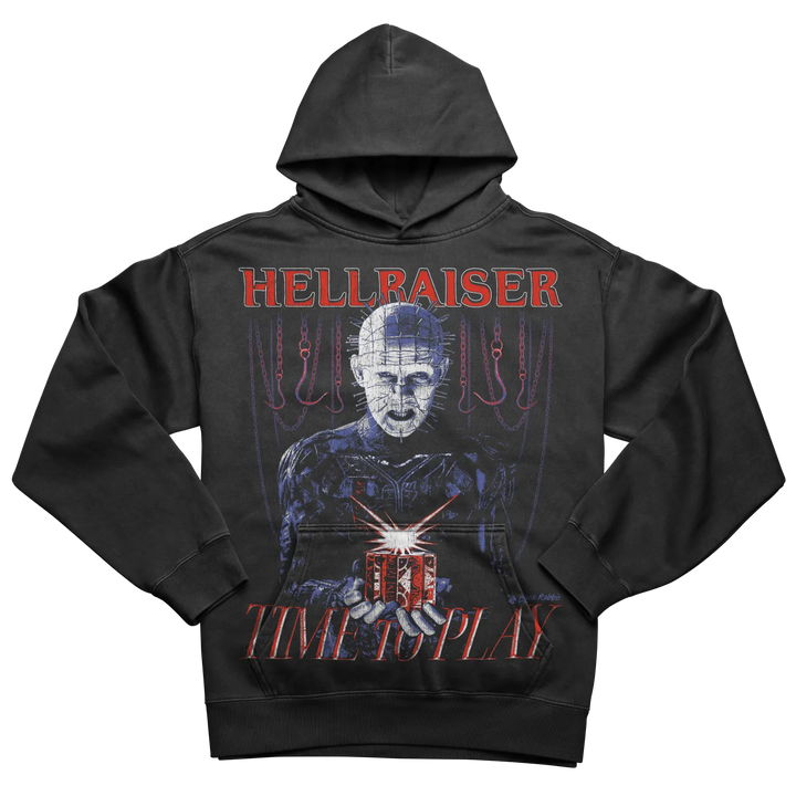 Black ’Hellraiser’ hoodie featuring Pinhead and the Lament Configuration puzzle box.