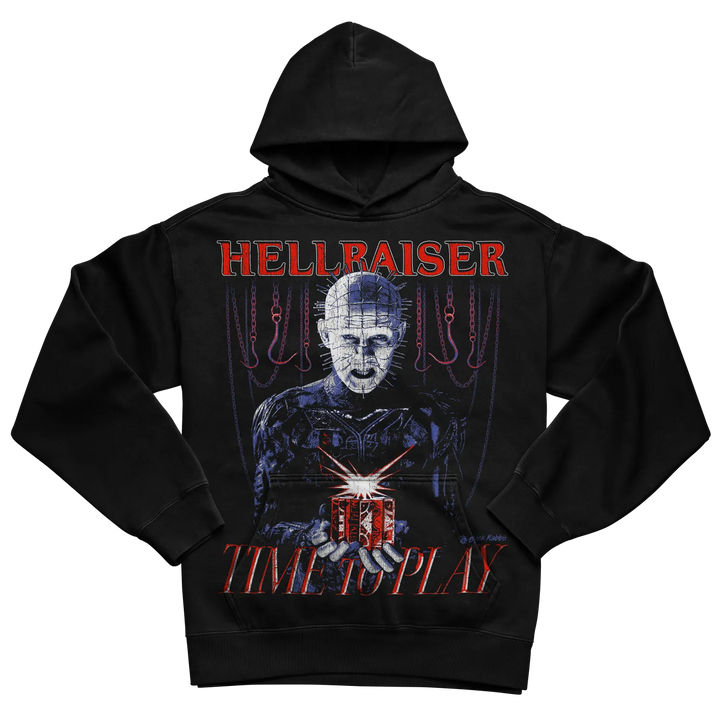 Black hoodie with ’hellraiser’ graphic and text design.
