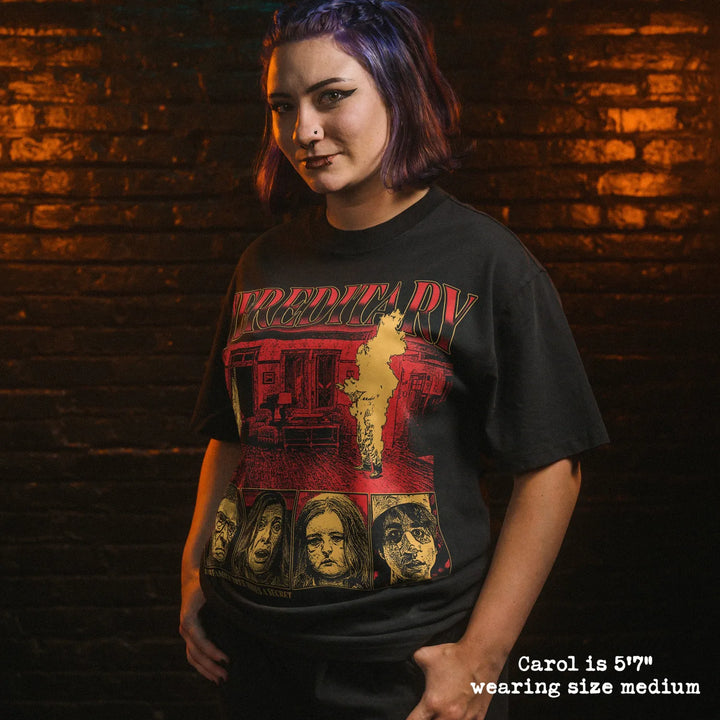 Model wearing heavy tee with hereditary graphic 