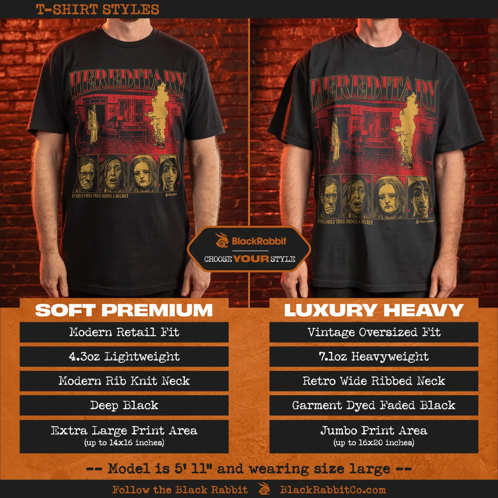 Comparison of two black T-shirt styles, ’Soft Premium’ and ’Luxury Heavy’, featuring a ’Hereditary’ movie design.