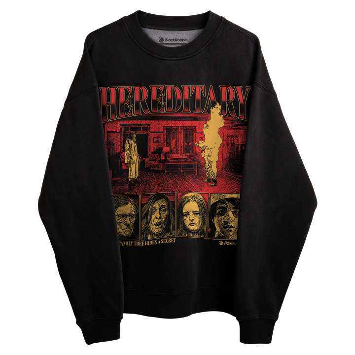 Black crewneck sweatshirt with ’hereditary’ graphic design featuring multiple faces and scenes from the movie.