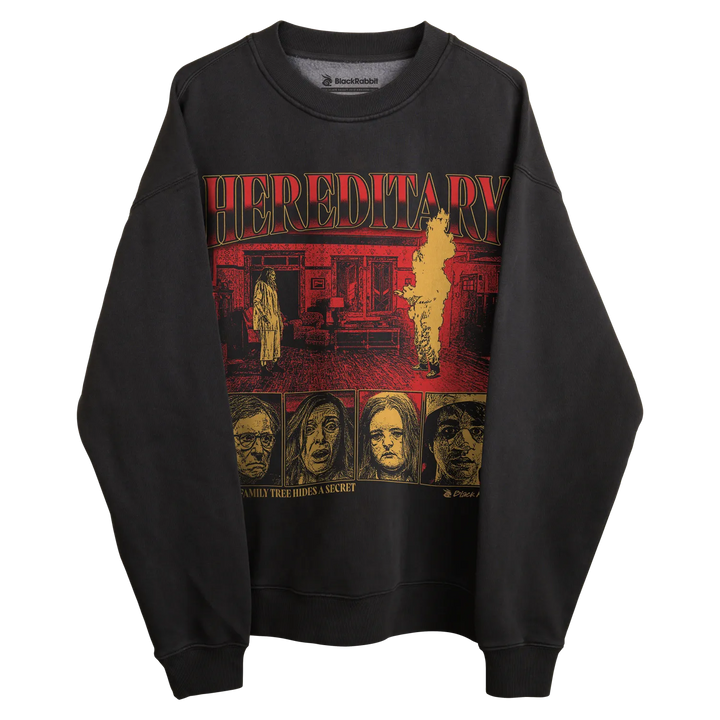 Black crewneck sweatshirt with ’hereditary’ graphic design featuring multiple faces and the title in red.