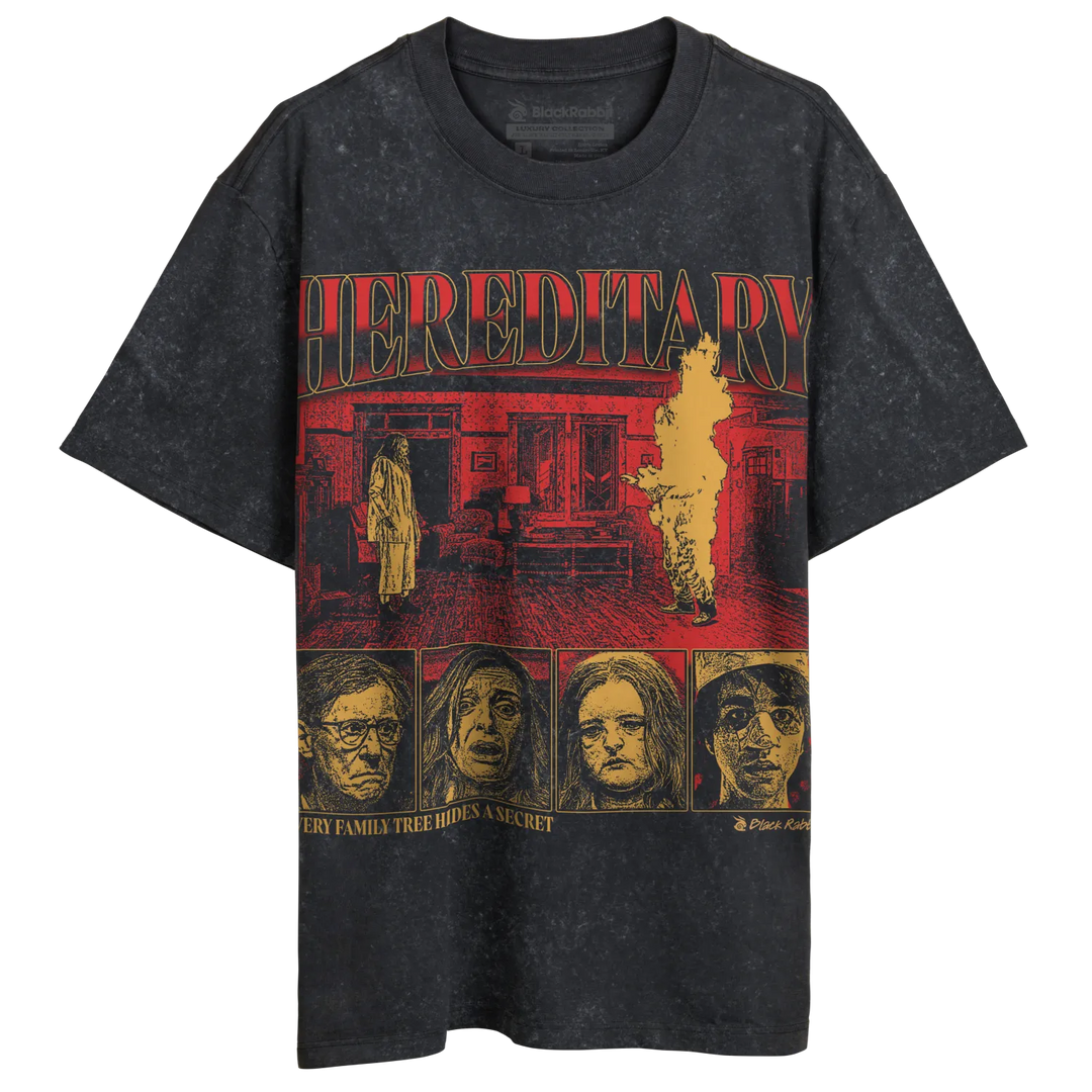 Distressed black t-shirt with a horror movie graphic print.