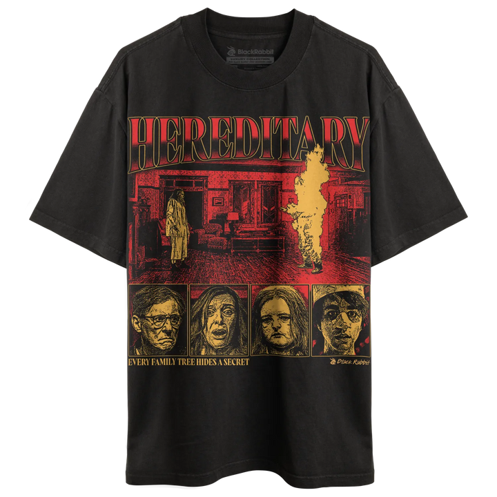 Black short-sleeved t-shirt with a ’Hereditary’ movie-themed graphic print.