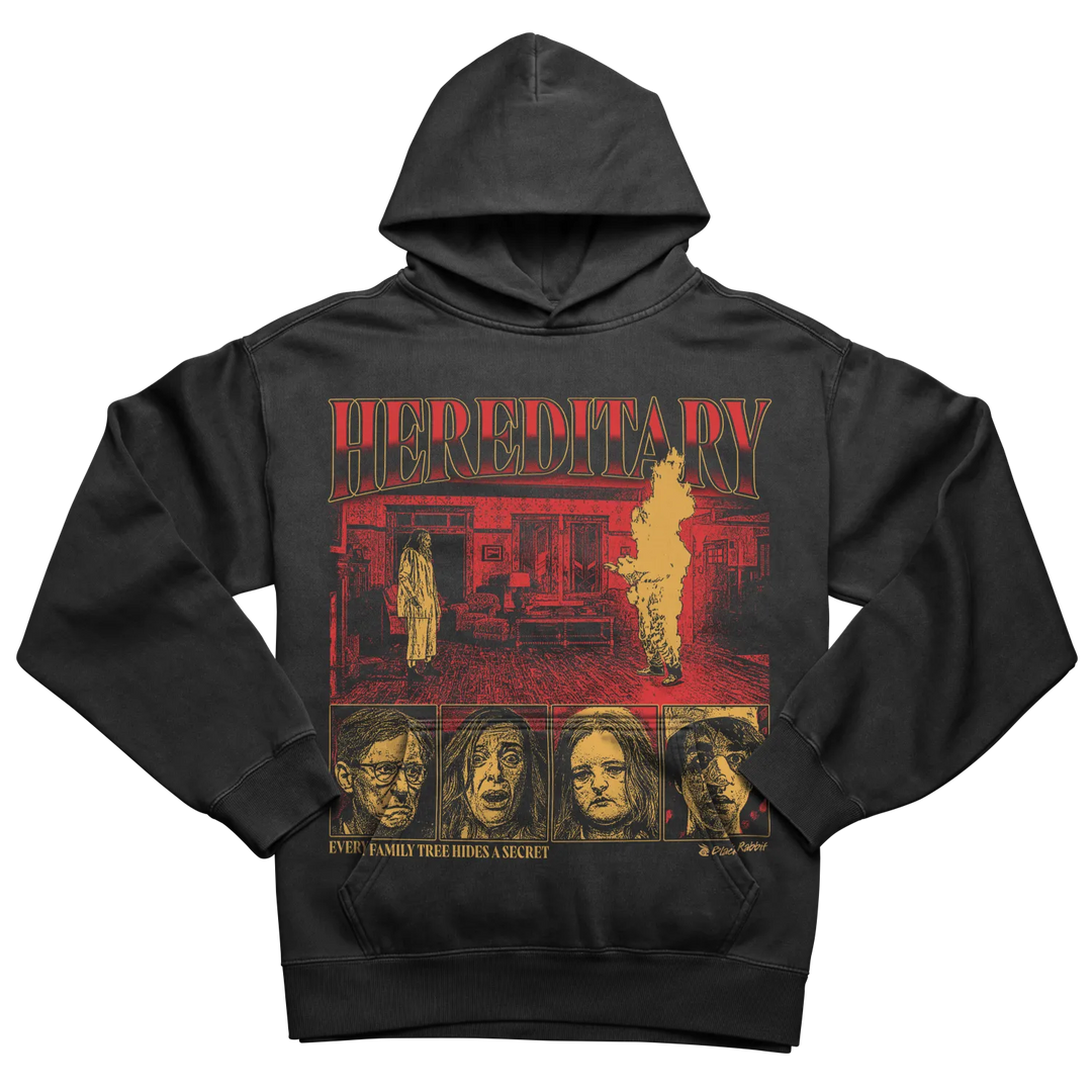 Black ’Hereditary’ themed hoodie with a movie poster graphic.