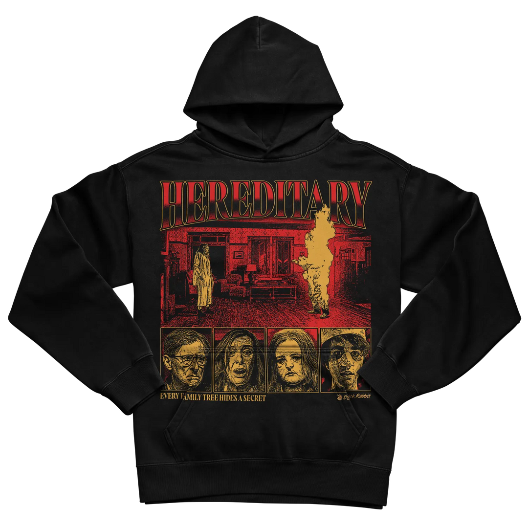 Black hoodie with ’hereditary’ graphic design featuring multiple faces and fire motif.