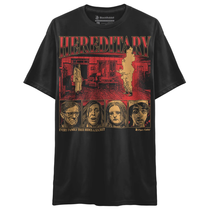 Black t-shirt with a ’Hereditary’ movie poster design.