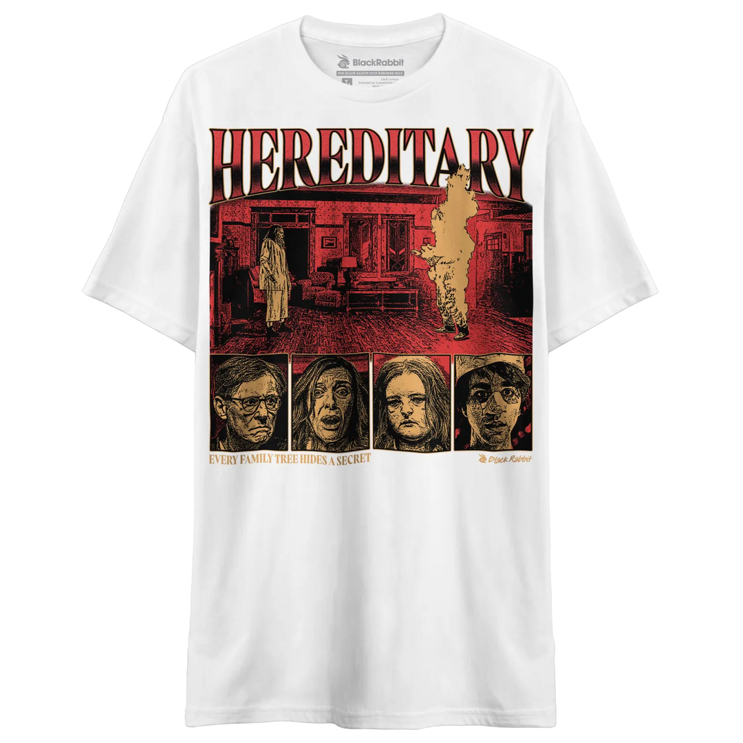 White crew-neck t-shirt with a ’HEREDITARY’ movie poster graphic.