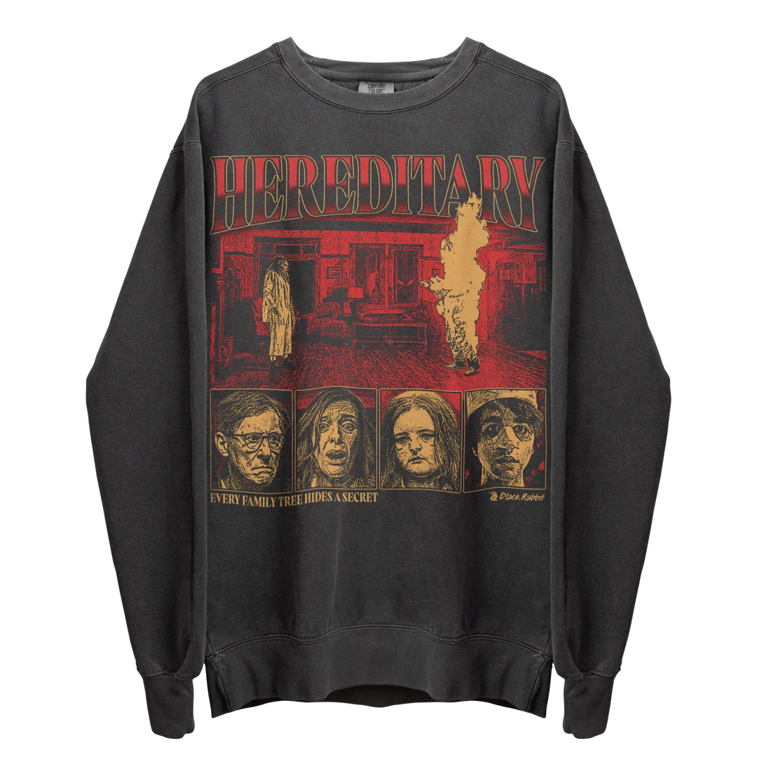 Dark grey long-sleeved crewneck sweatshirt featuring a ’Hereditary’ movie poster graphic.
