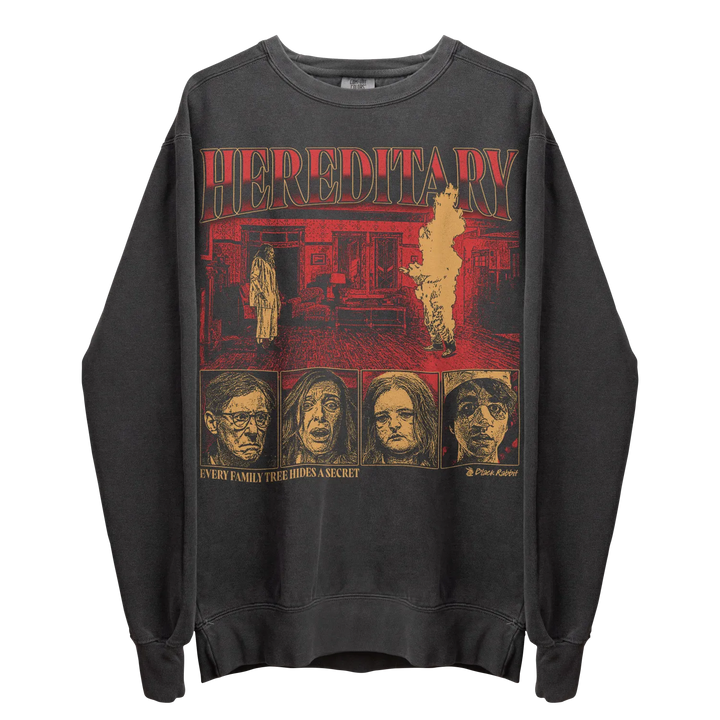 Dark grey long-sleeved crewneck sweatshirt featuring a ’Hereditary’ movie poster graphic.