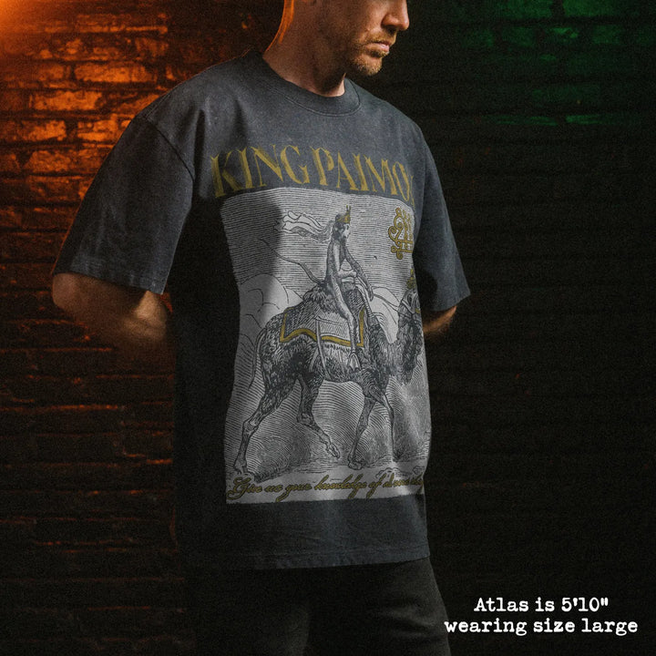 Male model wearing stone wash heavy tee with king paimon graphic 