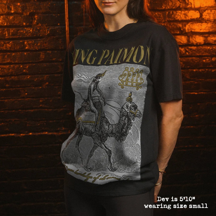 Model wearing heavy tee with king paimon graphic 