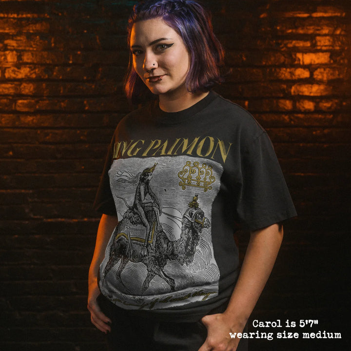 Model wearing heavy tee with king paimon graphic 