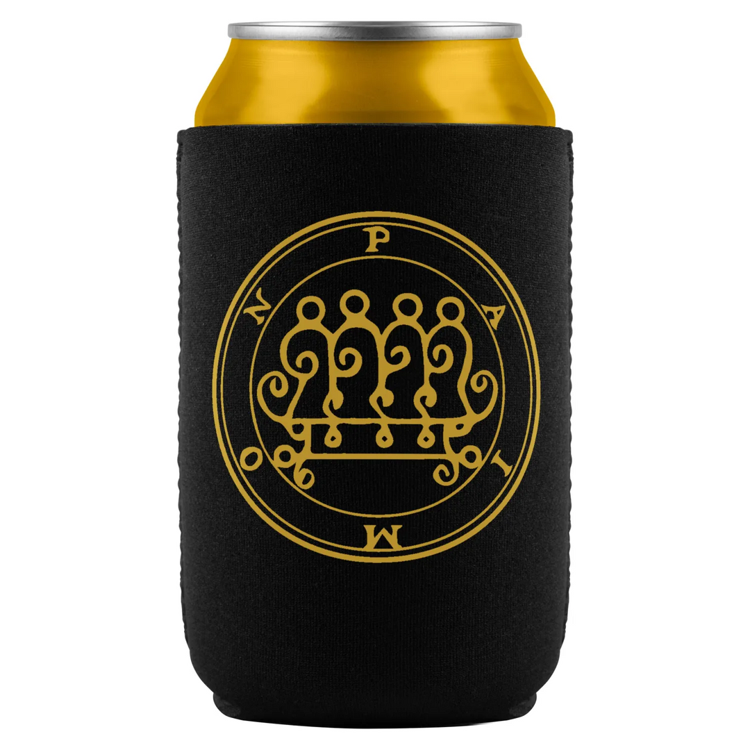 Black can cooler with golden sigil.