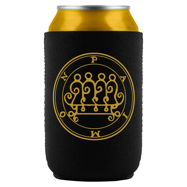 Black can cooler with golden sigil.