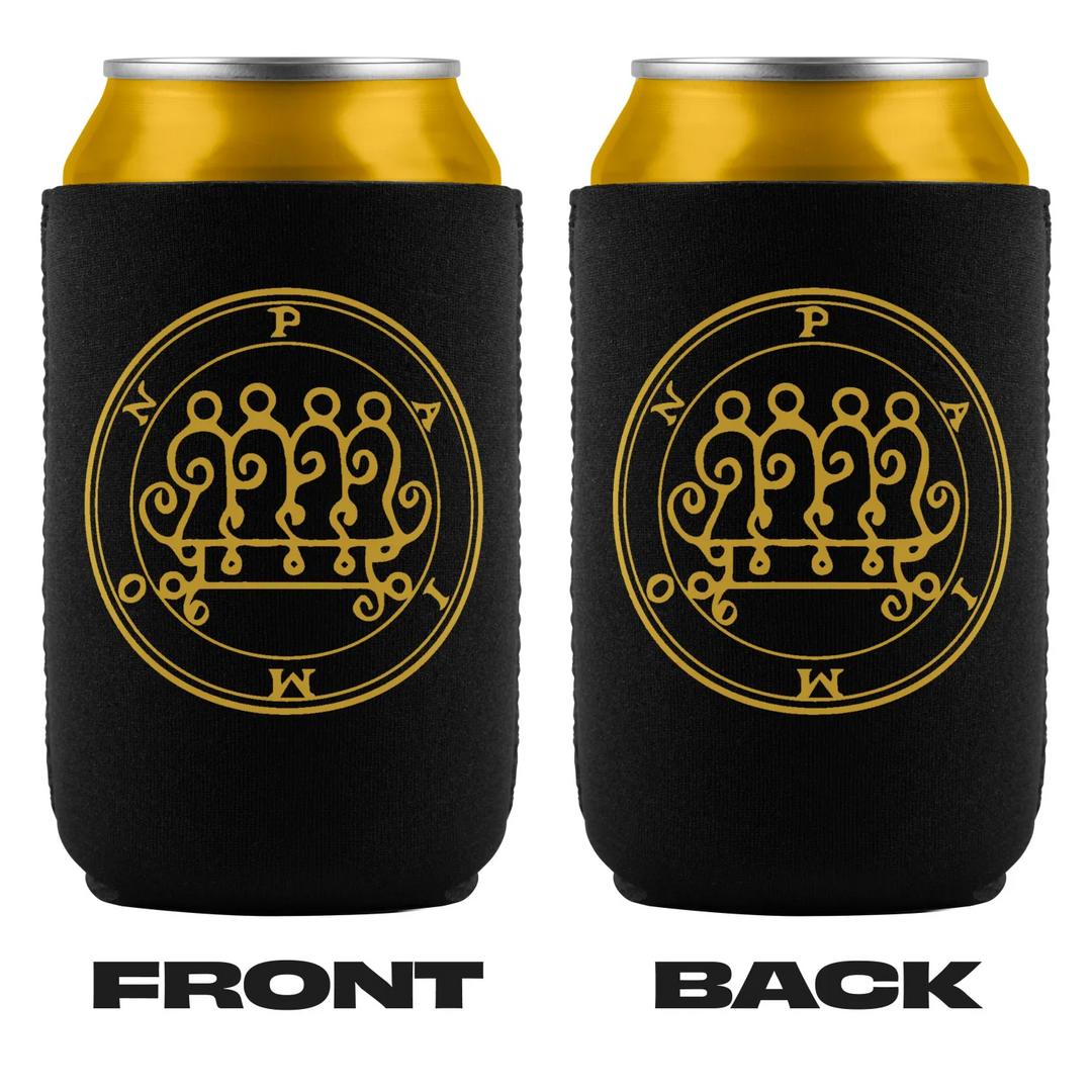 Two black can coolers with occult symbol.