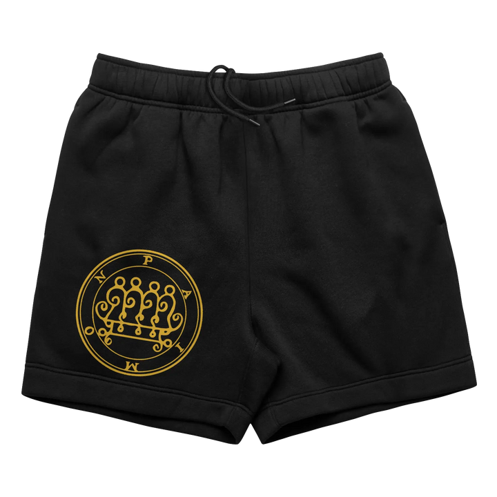 Black athletic shorts with gold sigil.