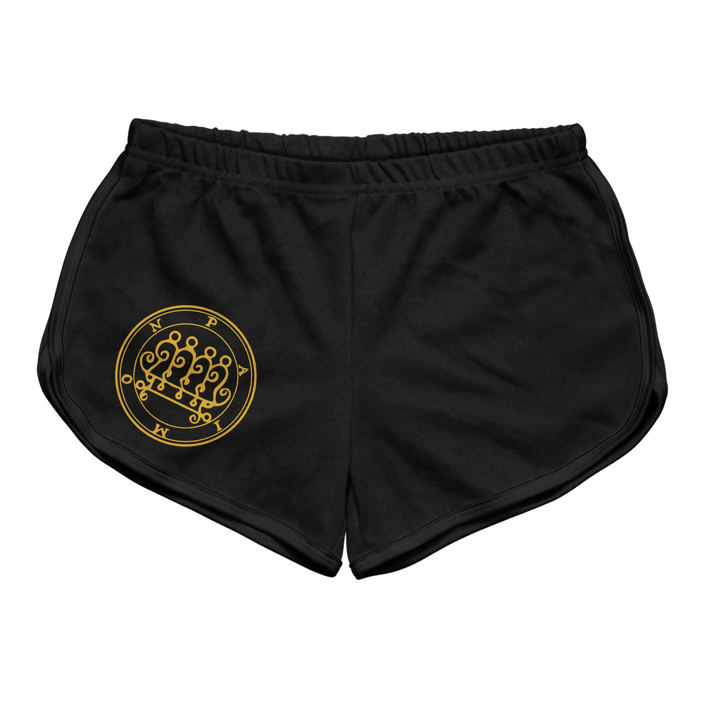 Black athletic shorts featuring a gold embroidered emblem on the left leg.