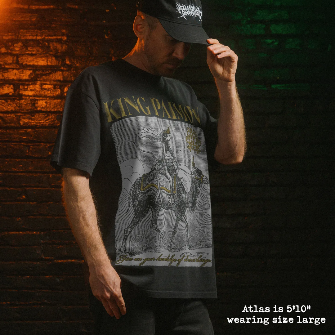 Model wearing heavy tee with king paimon graphic 