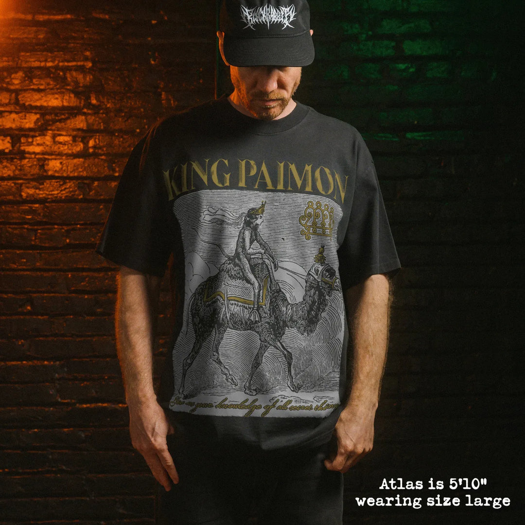 Model wearing heavy tee with king paimon graphic 