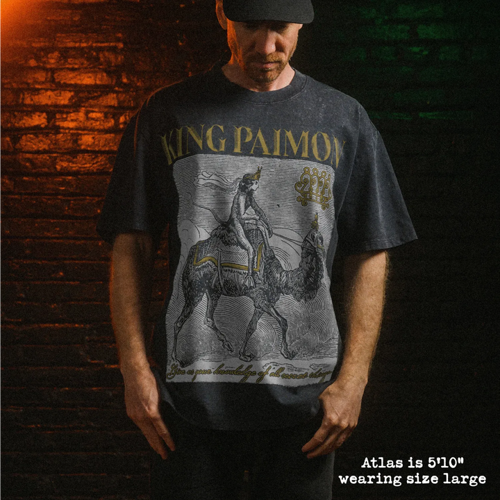 Male model wearing stone wash heavy tee with king paimon graphic 