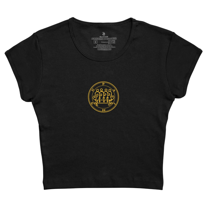 Black cropped t-shirt with a gold-embroidered circular emblem on the chest.