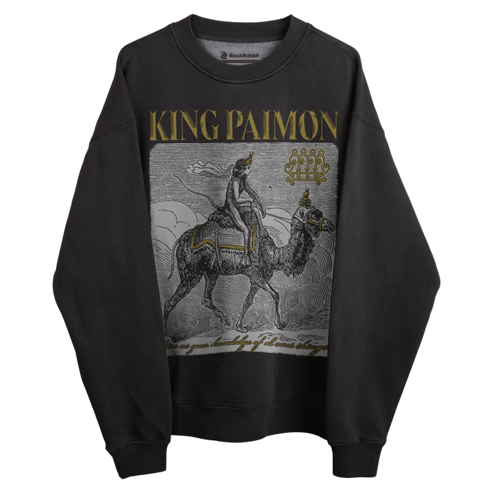 Charcoal gray sweatshirt with ’king paimon’ graphic and text, featuring a camel design.