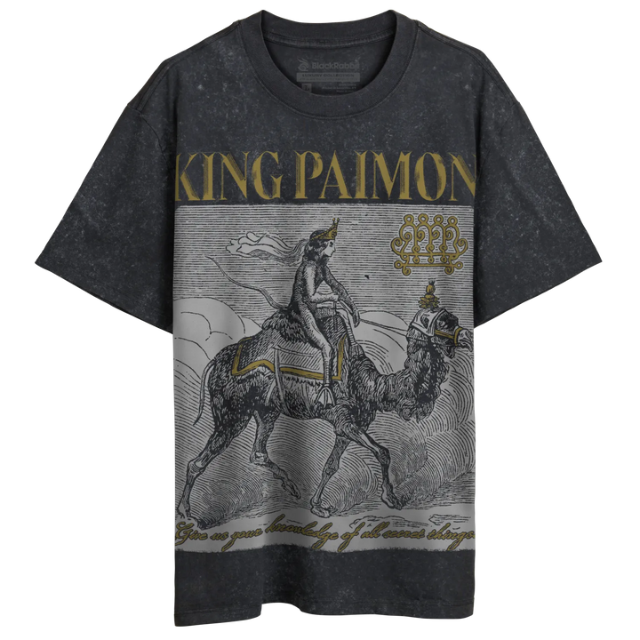 A dark grey t-shirt with a graphic print of a figure riding a camel.