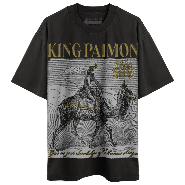 Dark gray short-sleeved t-shirt with an illustration of a figure riding a camel.