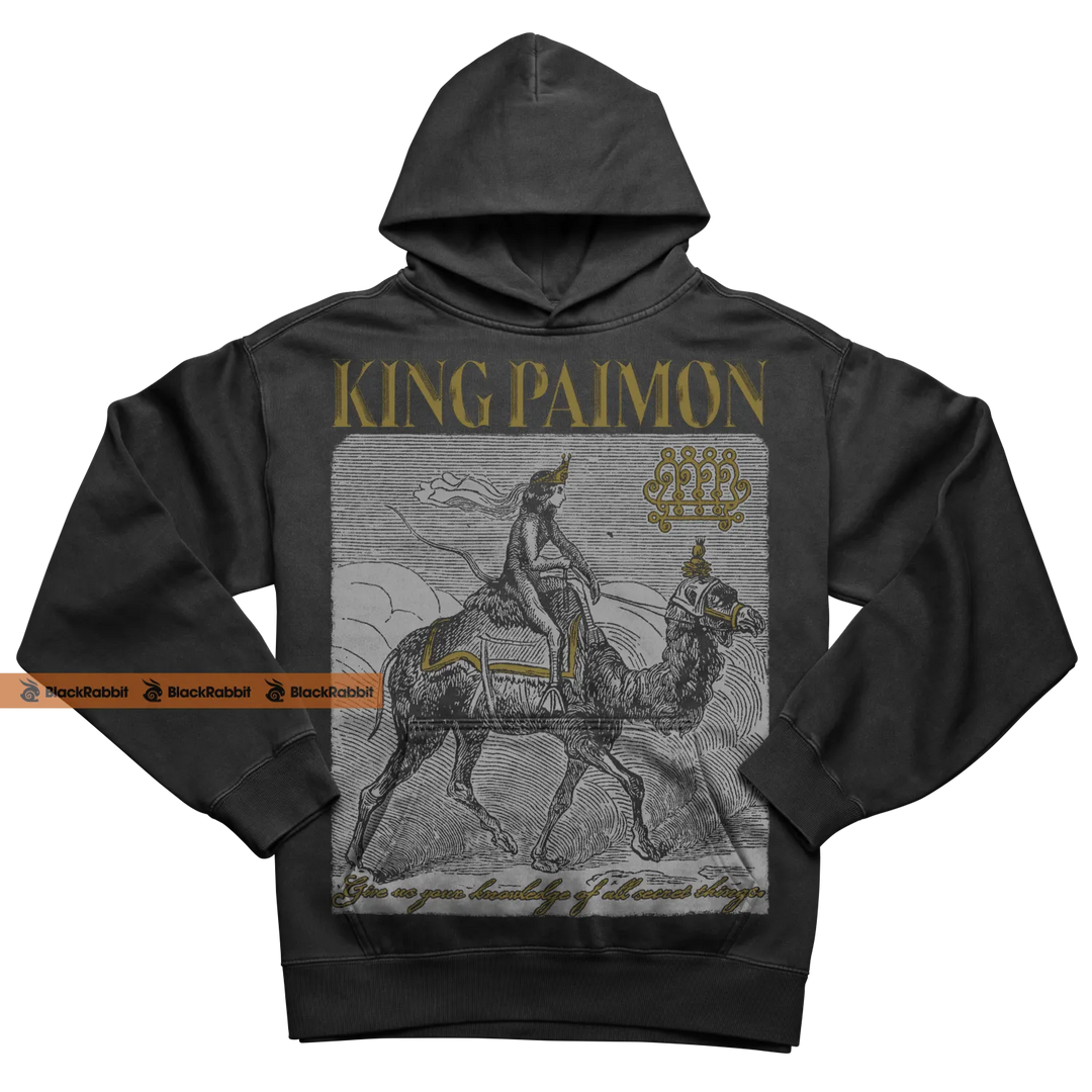 Charcoal gray ’king paimon’ hoodie with a detailed graphic of a rider on horseback.