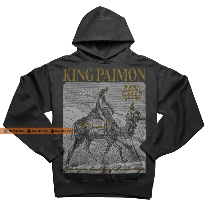 Charcoal gray ’king paimon’ hoodie with a detailed graphic of a rider on horseback.