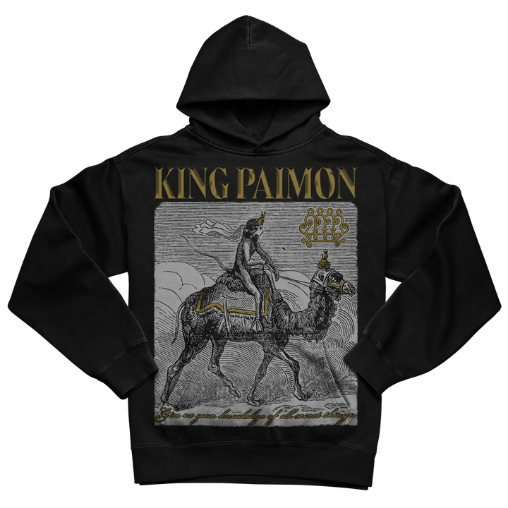 Black king paimon hoodie with graphic design of a rider on horseback.