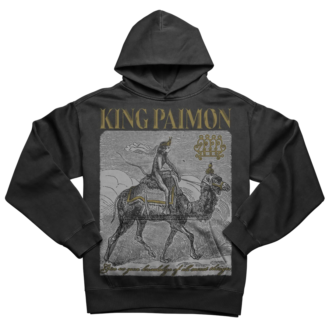 Charcoal gray ’king paimon’ hoodie with a detailed graphic of a rider on horseback.