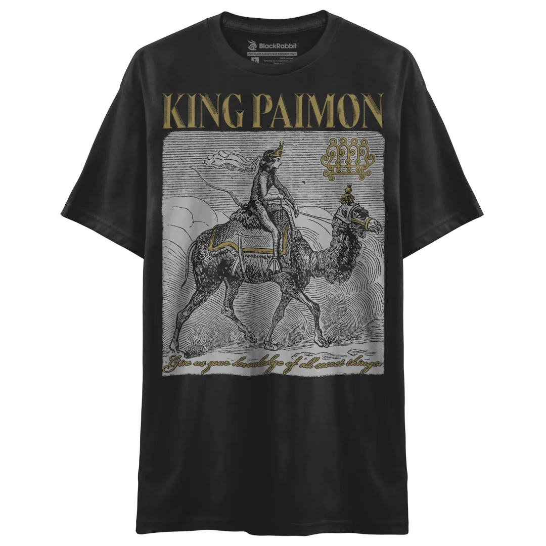 Black graphic t-shirt with a vintage-style illustration of a figure riding a camel.
