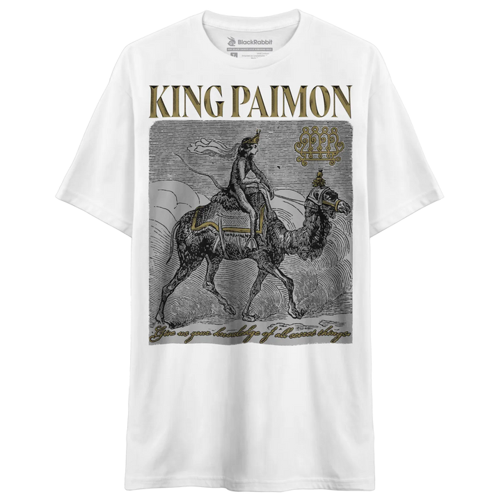 A white short-sleeved t-shirt with a vintage-style graphic print of a figure riding a camel, and the text ’KING PAIMON’ above it.