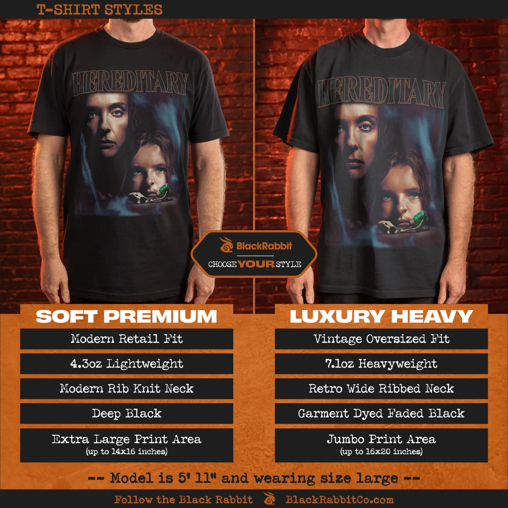 Two different styles of black t-shirts featuring the ’Hereditary’ movie poster.
